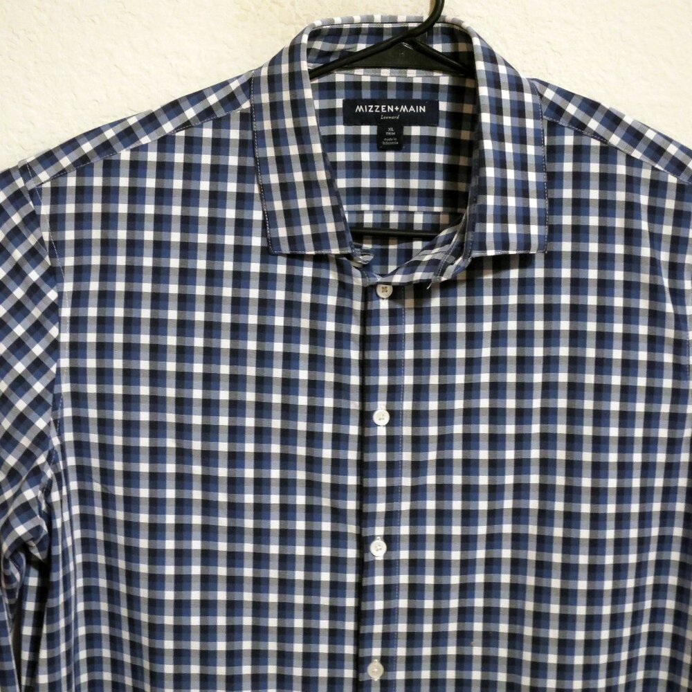 Mizzen Main Shirt Mens XL Long Sleeve Button Trim Fit Blue White Black Striped